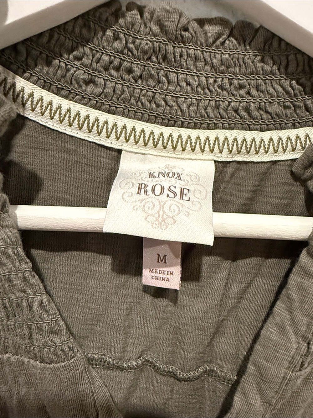 Knox Rose Olive Green Smocked Yoke Henley Blouse - Picture 2 of 3
